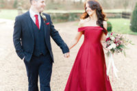 02 a red off the shoulder A-line wedding gown with a train is a gorgeous statement for a Christmas wedding