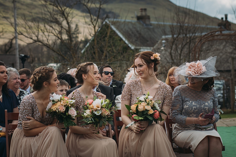The bridesmaids were wearing blush gows with sequin bodices