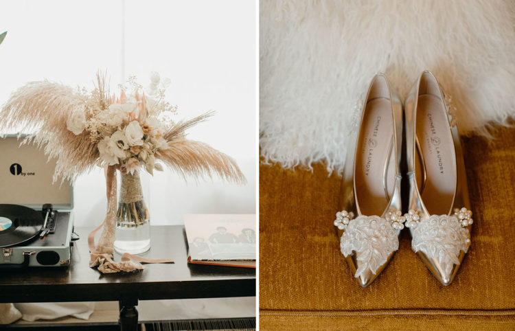 The wedding shoes with lace and embellishments are adorable