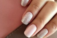 03 a silver glitter manicure and a blush accent nail for a cute and sweet girlish look