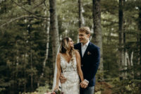 04 The bride was wearing a lace applique sleeveless fitting wedding dress with a deep V-neckline and a veil, the groom was rocking grey pants, a navy blazer and brown shoes