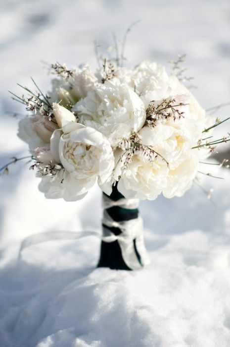 a white winter wedding bouquet with white and blush blooms and textural flowers plus a contrasting wrap