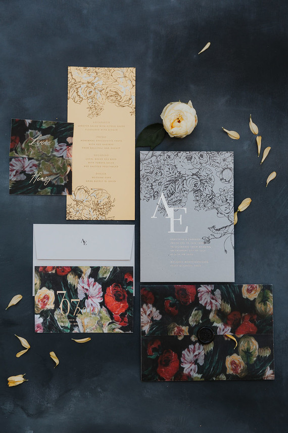 The wedding stationery was done with panted florals and letter pressing, these florals remind of Flemish painters' works