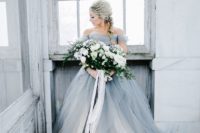 05 a grey off the shoulder princess-style gown with white layers for an ice queen look