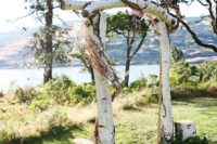 06 a birch branch wedding arch with vine, logs and flowers around is a simple and cool idea for a spring Scandinavian wedding