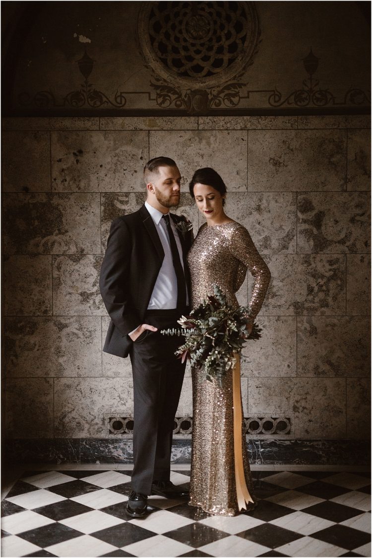 a copper sequin wedding dress with long sleeves, a high neckline and a shawl back