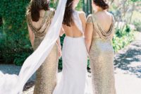 06 gold sequin bridesmaid dresses with cutout draped backs are a very elegant option, they will never go out of style