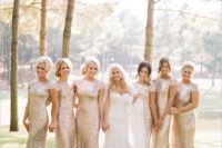 07 sparkly gold sequin bridesmaid dresses with short sleeves and high necklines for a glam touch at your wedding