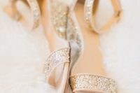 08 gold glitter flats with ankle straps are a glam and comfortable idea for any bride, in any wedding season