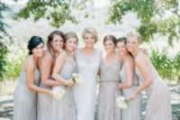 08 mismatching silver embellished bridesmaids’ dresses with spaghetti straps for an ultra glam look