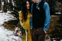 10 a mustard boho lace wedding dress with short sleeves and a high neckline for a woodland or mountain bride