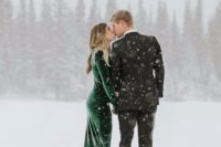 10 an emerald velvet fitting wedding dress with long sleeves and a train for a colorful touch at your Christmas wedding