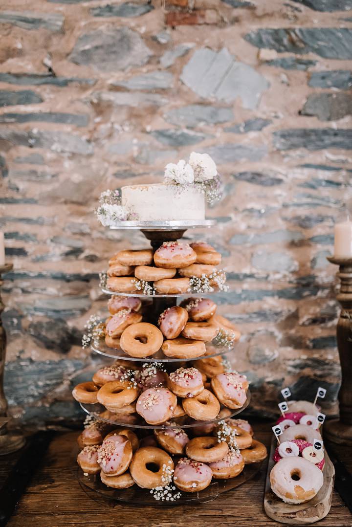 The wedding desserts were glazed donuts and a lemon cake on top