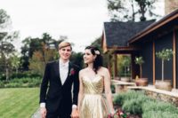 12 a glam gold sequin strapless wedding dress with a highlighted waist is a chic and gorgeous idea for a holiday wedding