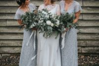 13 romantic grey lace fitting bridesmaid dresses with short sleeves and V-neckline for a frozen-like wedding