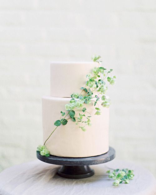 a blush minimalist wedding cake decorated with a greenery branch will work right for a summer Scandinavian wedding