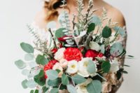 17 a Christmas wedding bouquet of eucalyptus, white, blush and red flowers plus herbs