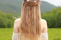 17 a folksy wedding hairstyle, a half updo with a braided halo, a fishtail and French braids hanging down and a floral crown