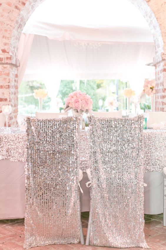 silver sequin chair covers will make your couple's chairs stand out with a glam feel
