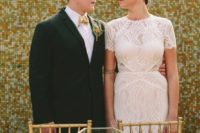 19 a modern fitting geometric wedding gown with short sleeves and an illusion neckline plus sheer sides