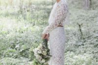 20 a gorgeous lace bridal separate with a crop top with long sleeves and a high neckline plus a pencil skirt and white shoes