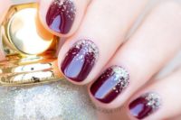 22 burgundy nails with gold glitter are always good for winter or winter holidays weddings