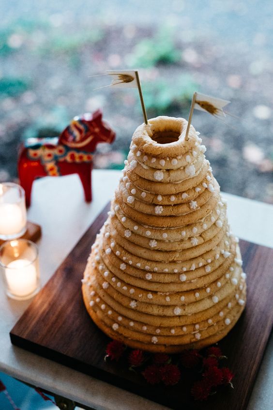 a kransenkake is a traditional Norwegian or Icelandic wedding cake made of tiered rings of marzipan