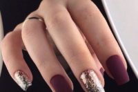 27 matte burgundy nails and silver glitter ones are amazing for holidays, they look modern and fresh