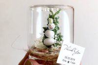 29 tiny jar favors with a fake snowman and a fake Christmas tree, such a mini terrarium is super cute