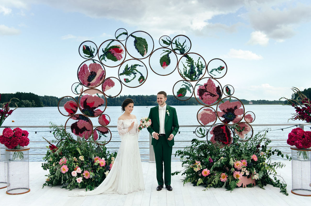 This gorgeous wedding was done in emerald, rose and with much embroidery everywhere, which is a unique touch