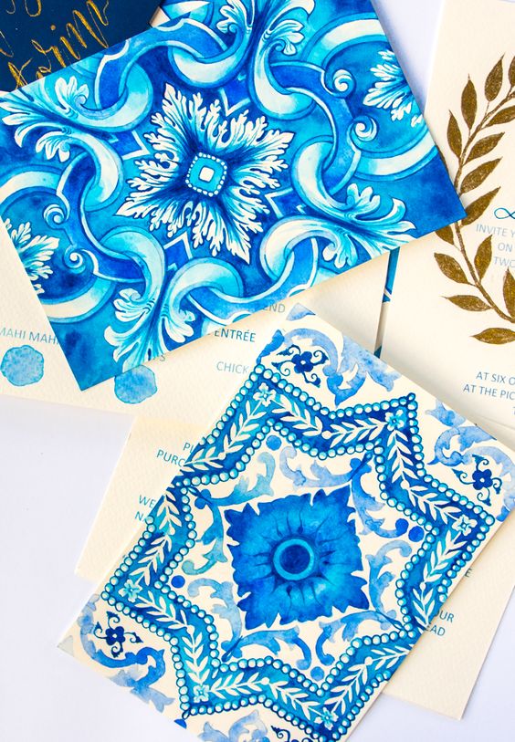 hand painted watercolor blue wedding invitations with traditional azulejo tile patterns