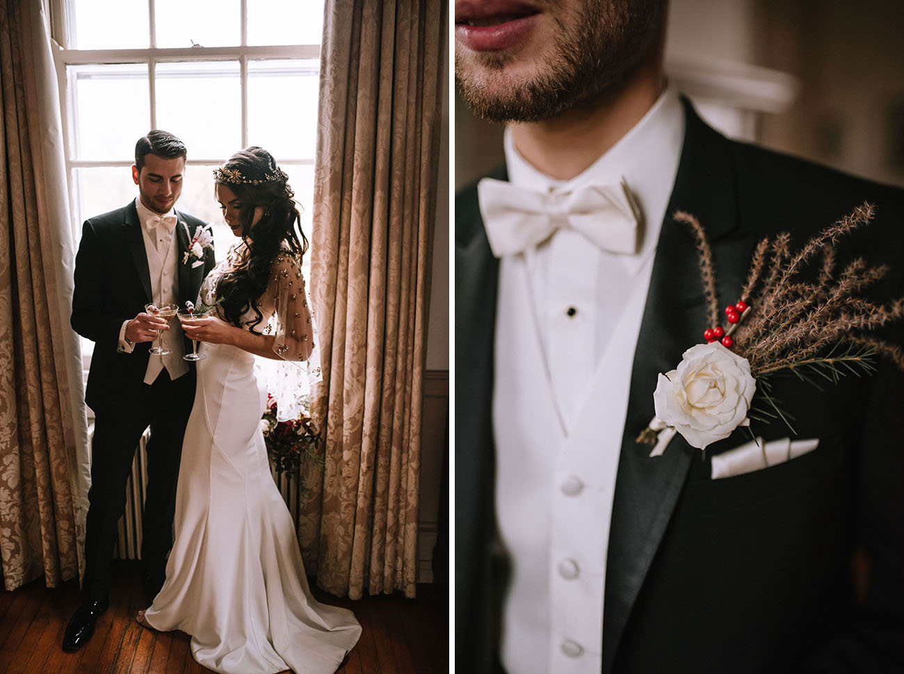 The groom was wearing a tux with a white shirt and bow tie plus a textural boutonniere
