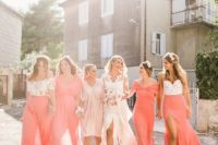 05 bridesmaids wearing mismatching outfits – coral dresses and floral bodices and coral skirts look very bold and trendy