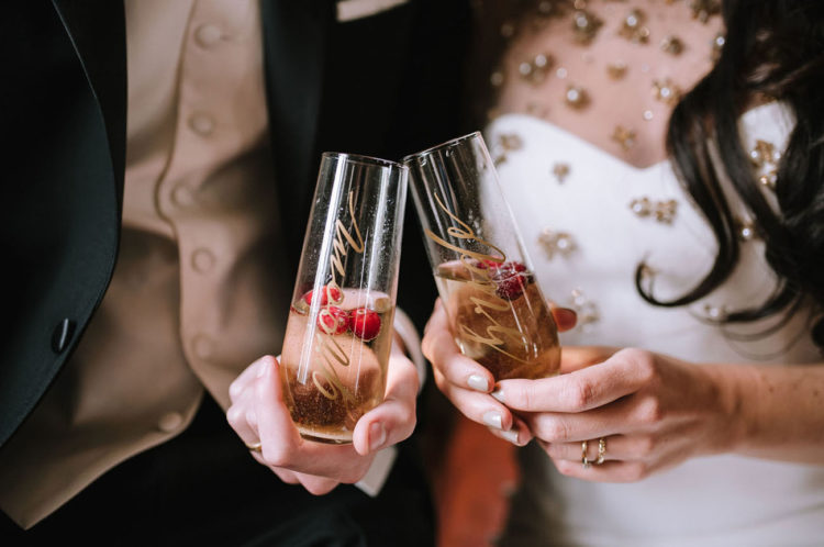 Personalized champagne flutes were created for the shoot