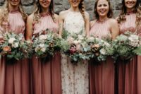 06 The bridesmaids were wearing pink draped halter neckline dresses, the maid of honor was rocking a floral halter neckline dress