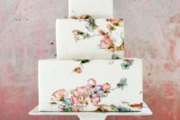 06 a chic square handpainted floral wedding cake in red, ornage and greens is amazing for a subtle spring wedding