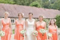 06 coral silk knee bridesmaid dresses with draped bodices and V-necklines is a chic and bright idea