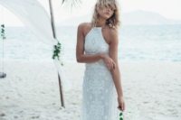 12 a boho beach lace wedding gown with a halter neckline is a trendy and chic idea for a boho bride