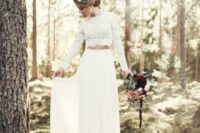 14 a boho bridal separate with a plain skirt and a lace crop top with long sleeves plus a high neckline