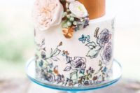 14 a trendy wedding cake with a copper leaf tier and a pastel handpainted floral tier plus fresh blooms for decor