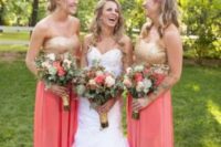 14 gorgeous bridesmaid separates with gold glitter strapless tops and coral maxi skirts with side slits