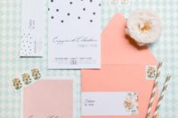 a modern fun wedding invitation suite with florals, polka dots and coral touches for your wedding