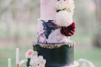 17 a bright and glam wedding cake with a watercolor pink tier, a black tier with gold decor and a handpainted floral tier plus fresh blooms