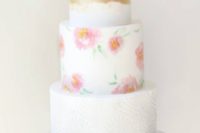 21 a beautiful spring wedding cake with a textural tier, a handpainted floral tier and a gold leaf top tier plus blooms on top