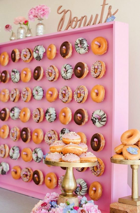 create a donut wall, which is a trendy idea, donuts are great for brunch weddings anytime