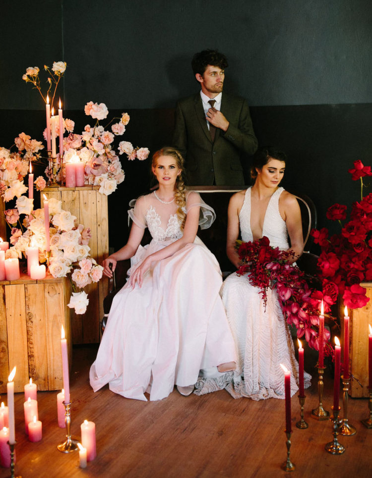 This luxe moody meets modern wedding shoot is inspired by the winter holidays and features a non traditional color palette