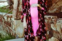 02 a neon pink over the knee dress with long sleeves, a dark floral kimono, hot pink and nude shoes for a spring wedding