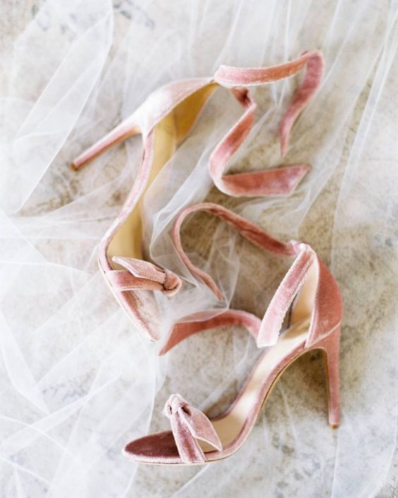 pink velvet wedding shoes with bows look super girlish and cute