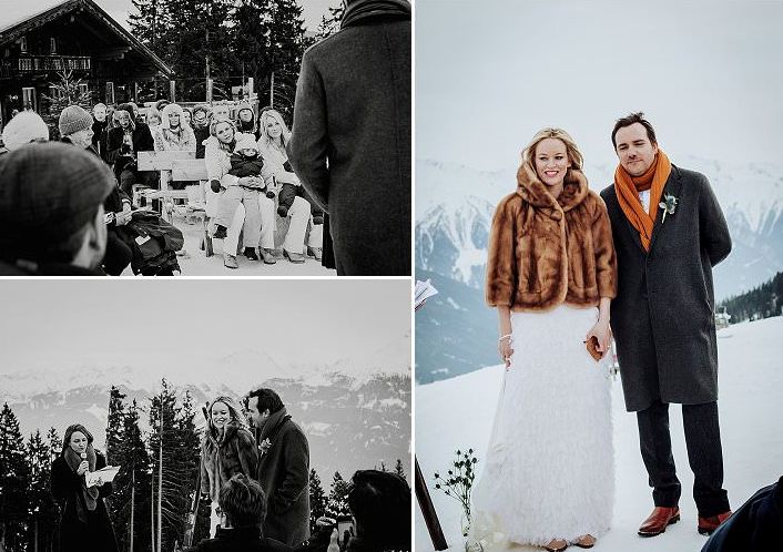 She covered up with a faux fur jacket and the groom was wearing a woolen coat plus a yellow scarf and cognac boots