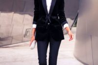 03 a black girl’s tuxedo with a velvet blazer, velvet heels and a metallic clutch for a wow look